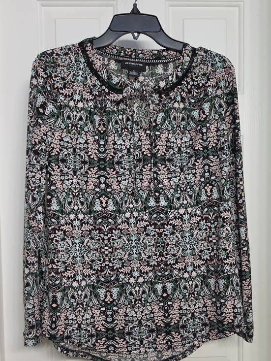 Liz Claiborne Tops - Liz Claiborne Black Floral-Print Long Sleeve Blouse with Pink and Green Accents